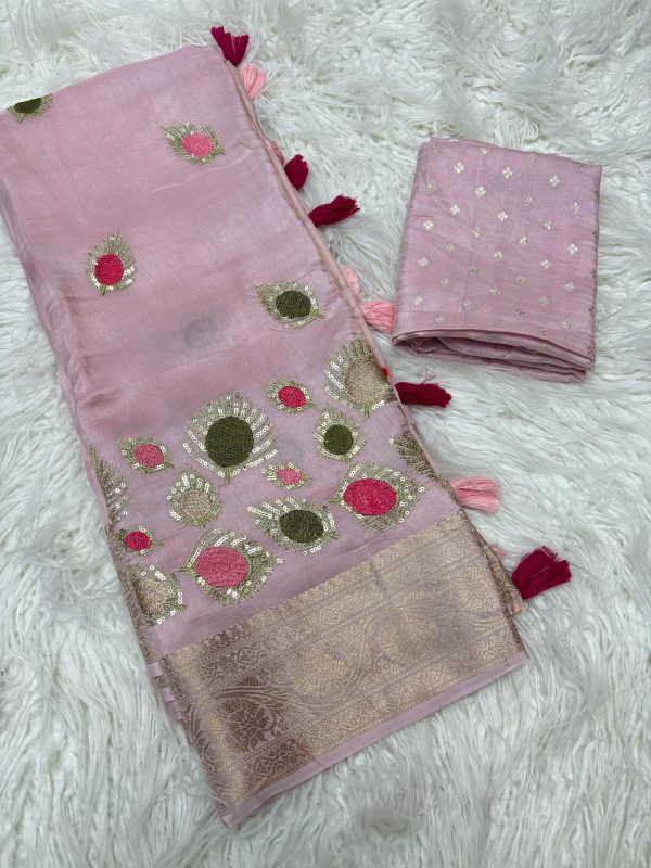 V0002-"Pastel Elegance: Pure Viscose Russian Dola Saree with Tassels" - Image 6