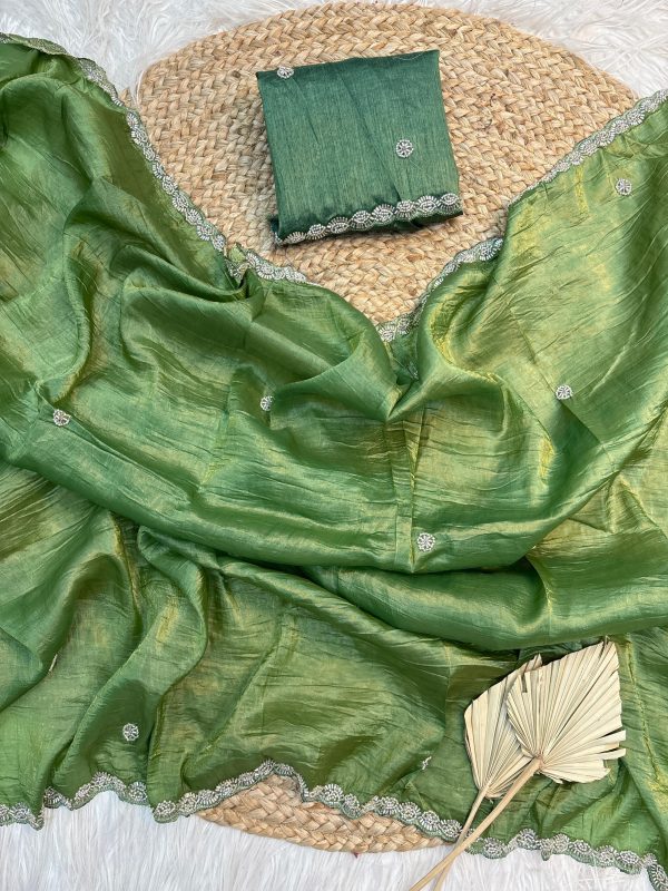 V0004-Fancy gold border crush saree with hand embroidery - Image 4