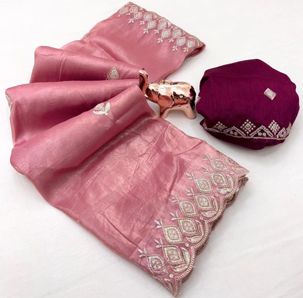 V0007-Soft Gold crush saree with thread sequence embroidery work.* - Image 2