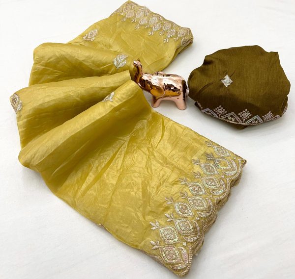 V0007-Soft Gold crush saree with thread sequence embroidery work.* - Image 3